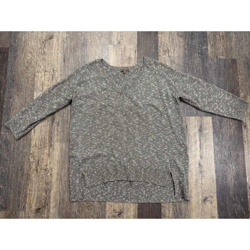 Lilla P Womens Marled Knit V-Neck Sweater Brown White Cotton Blend‎ Size L